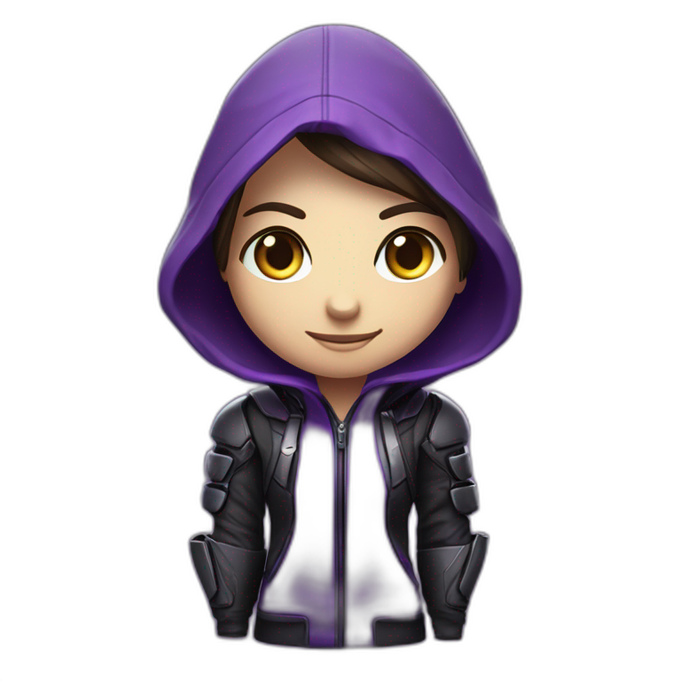 Girl developer behind his laptop with this style : Crytek Crysis Video game with nanosuit purple character purlple black hooded hacker themed character emoji