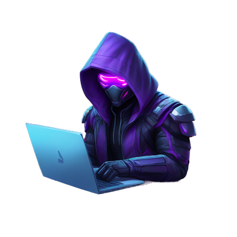 Hacker behind his laptop with this style : crysis Cyberpunk Valorant neon glowing bright purple character purple violet black hooded assassin themed character emoji