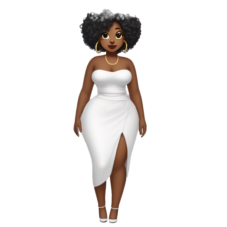 Black curvy woman with curly and a white tube top full body, naval piercing, dimples and lip gloss, hoop earrings, coquette bow emoji
