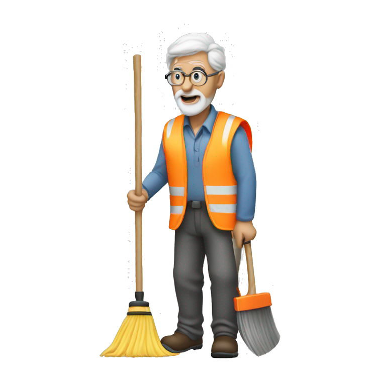 Old man wearing safety vest sweeping emoji