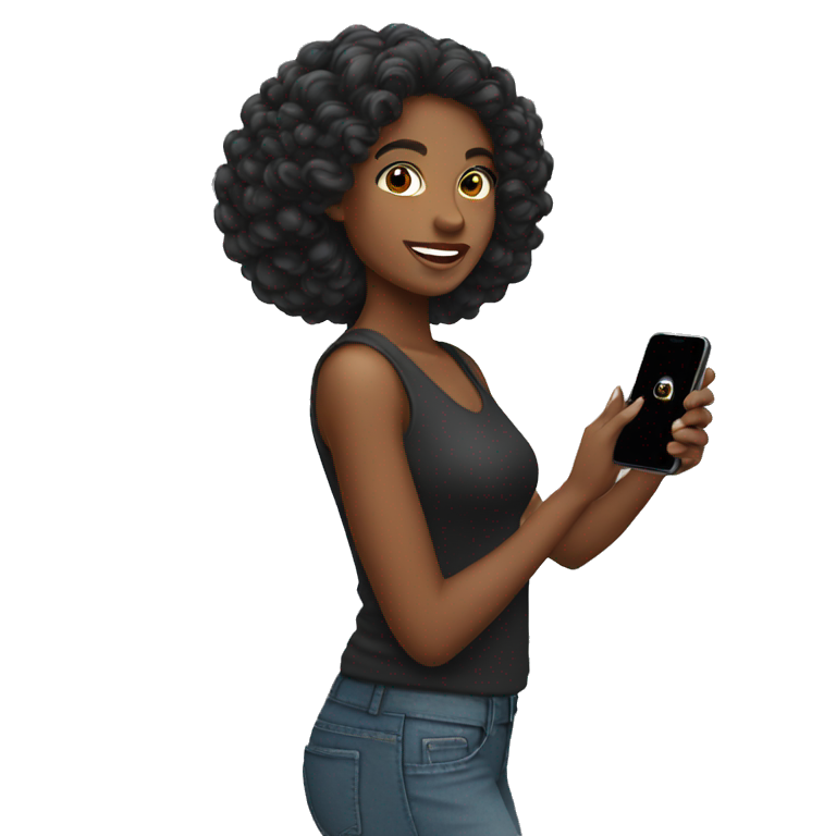 mujer cabello negro con celular emoji