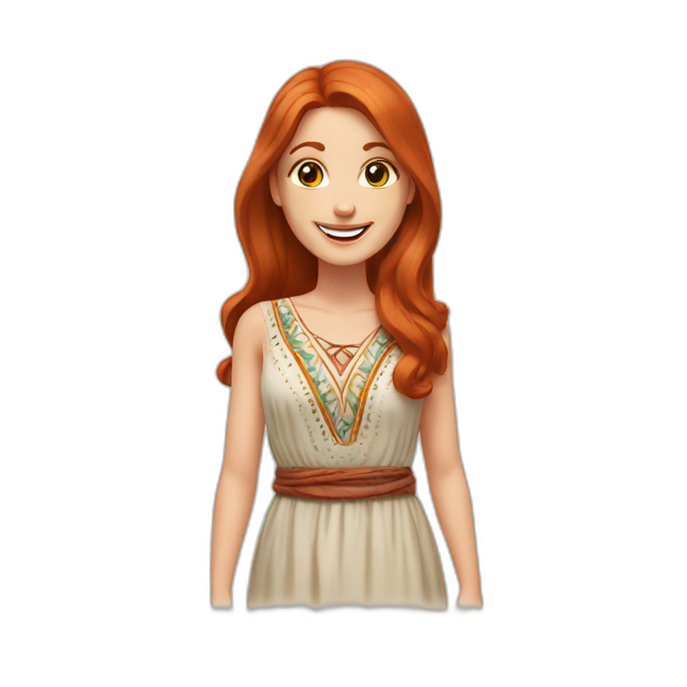 redhead white woman medium long straight hair, greets smiling, wearing boho dress emoji