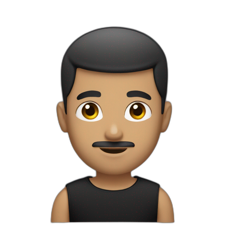 young guy with buzz cut, moustache and goatee, with muscles, in a black tshirt emoji