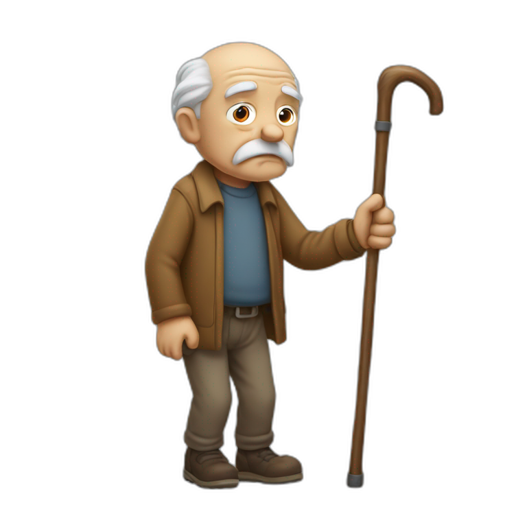 Old man leaning on a walking cane and holding his back with his hand grumpy face, detailed emoji
