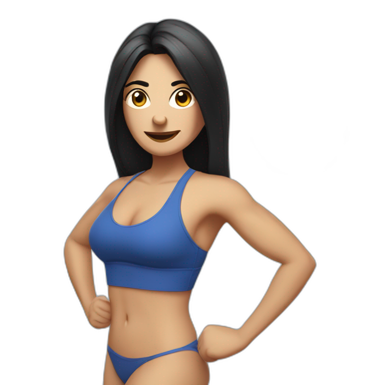 Older Spanish woman with long black hair, in a blue fitness bikini, with a number 5 circle button, flexing emoji
