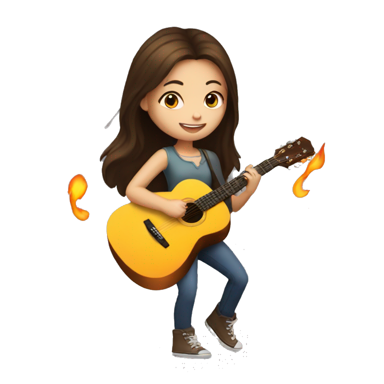 Brunette girl playing an acoustic guitar with fire around her emoji