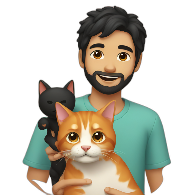 Boy with black hair and beard playing with ginger cat emoji