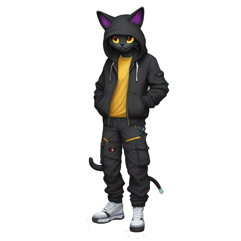 Edgy Anthro cool pretty dark cat-Pokémon-fursona techwear cargo pants hoodie emoji