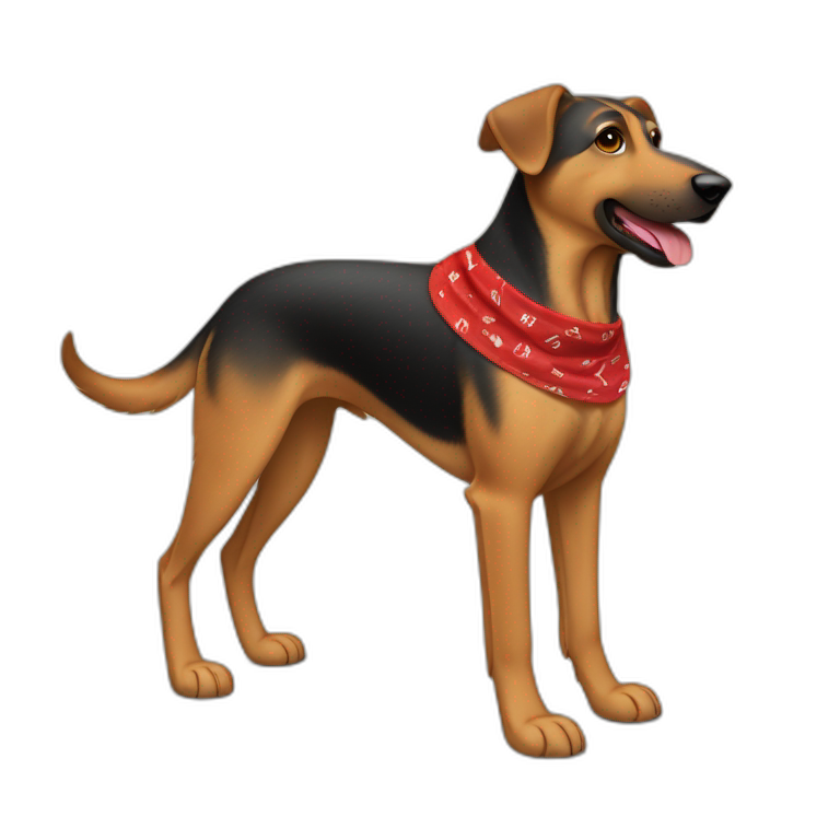 75% Coonhound 25% German Shepherd mix dog wearing small plain red bandana side view full body in profile left facing emoji