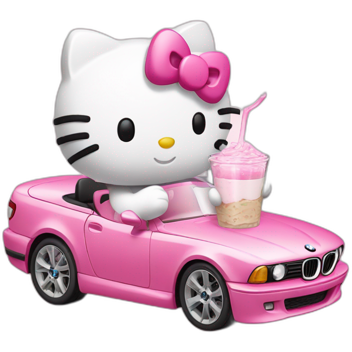 Hello Kitty drinking milk from a glass while driving a pink BMW Sticker