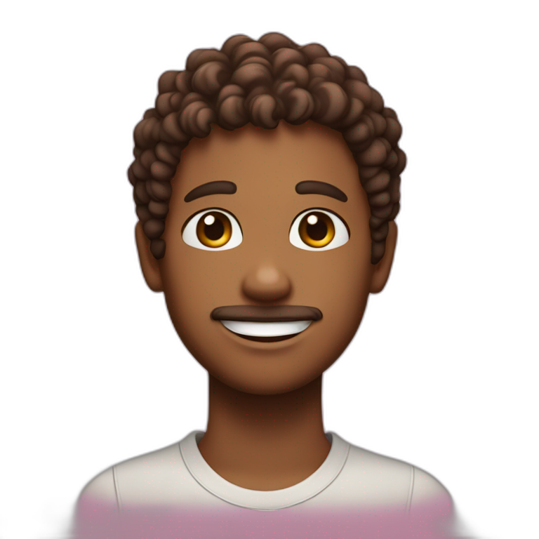 a boy with curly brown hair and a small pink streak. With a small beard. Smiling  emoji