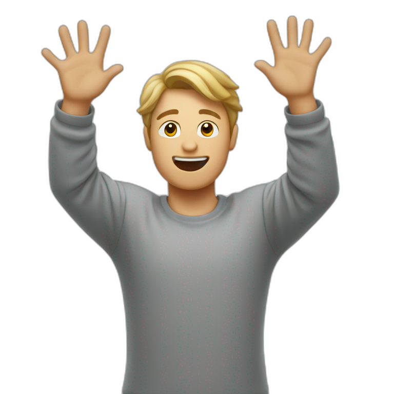 Blind man raising hands up and showing underarm emoji