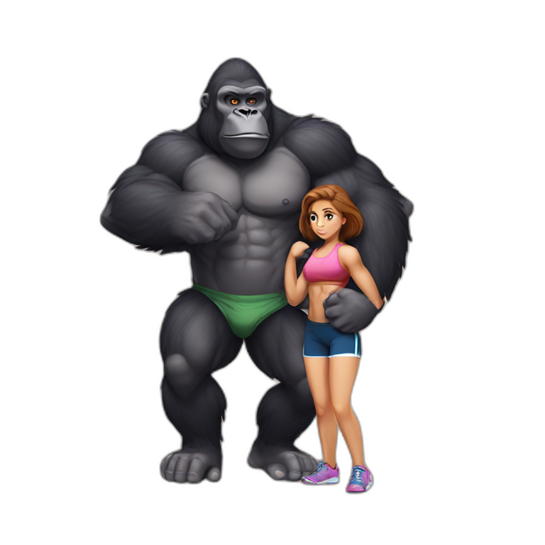 Big buff Gorilla holding a beautiful girl with a huge back doing exercises emoji
