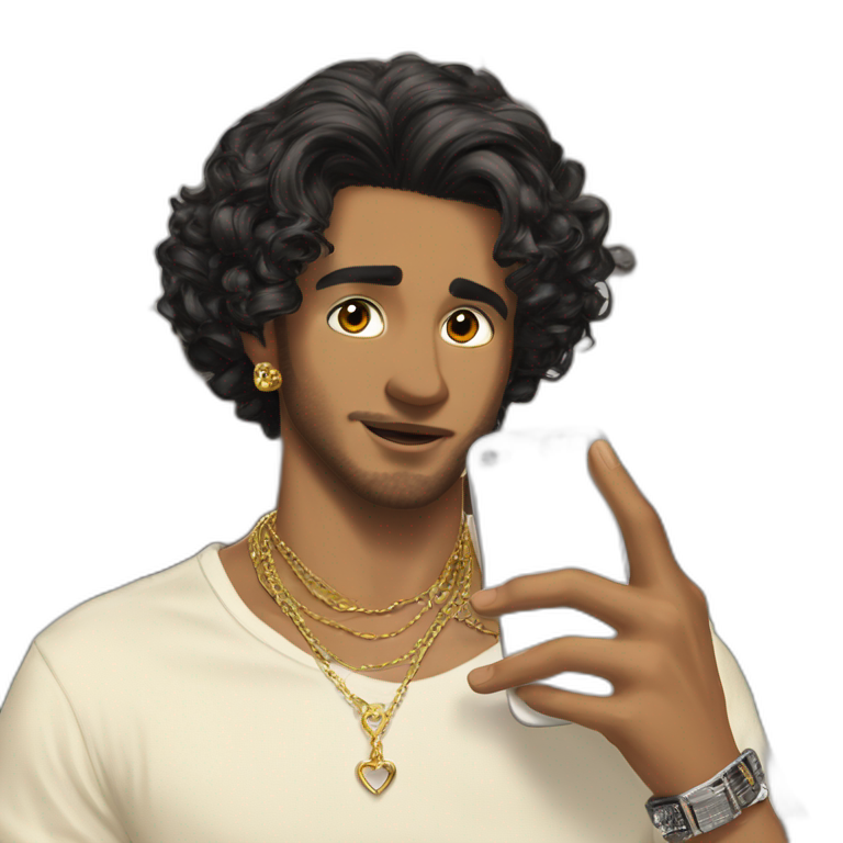 boy with jewelry holding phone emoji