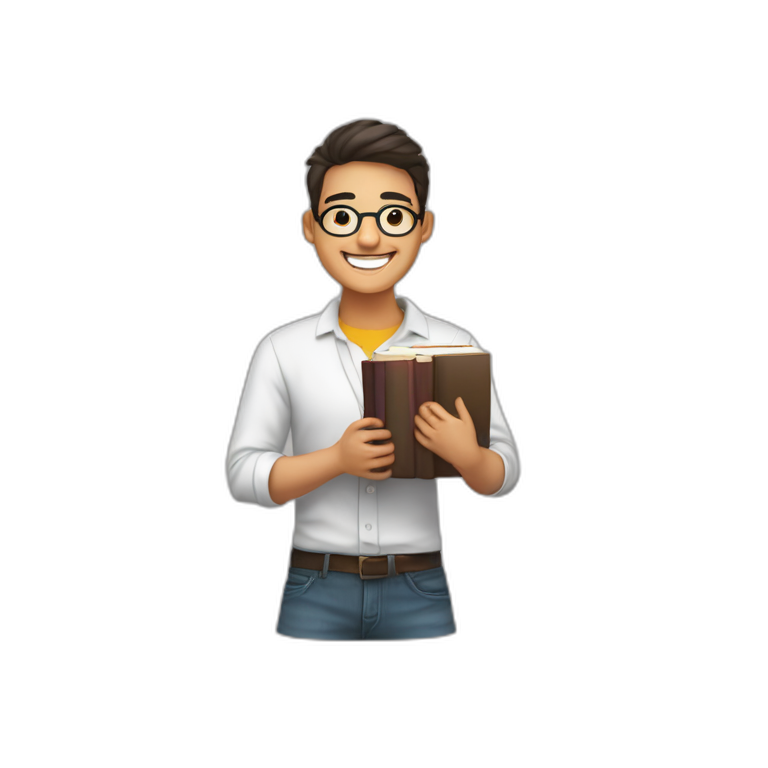 joven estudiante con todos sus libros, de piel blanca muy feliz y sonriente con un libro en sus manos y sobre su cabeza emoji