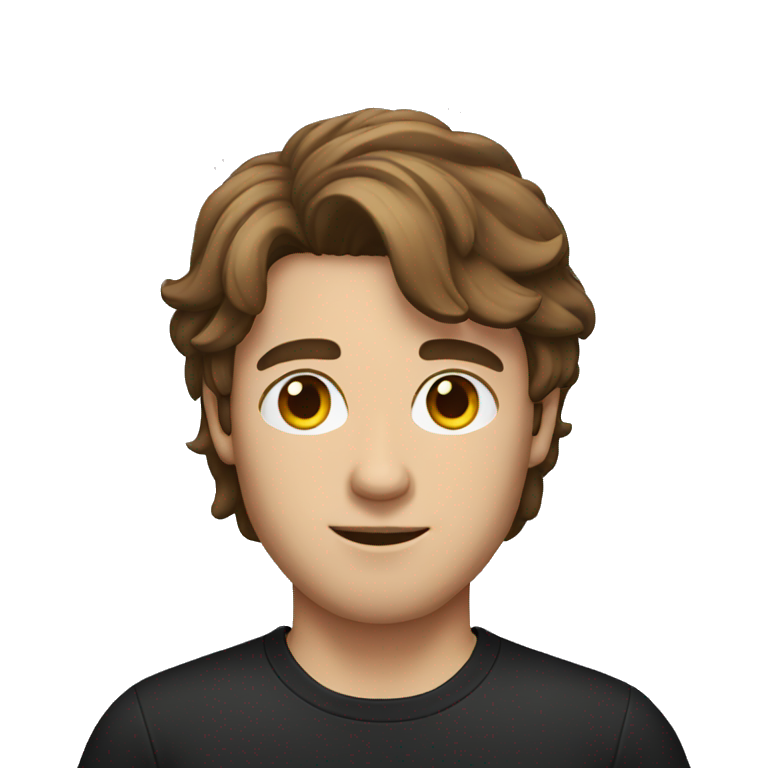 Man with brown hair and eyes in a black T-shirt with hair back emoji