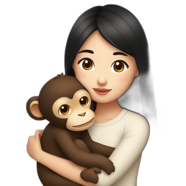 Asian girl with brown eyes and black hair and cute top cuddling a brown lovely monkey emoji