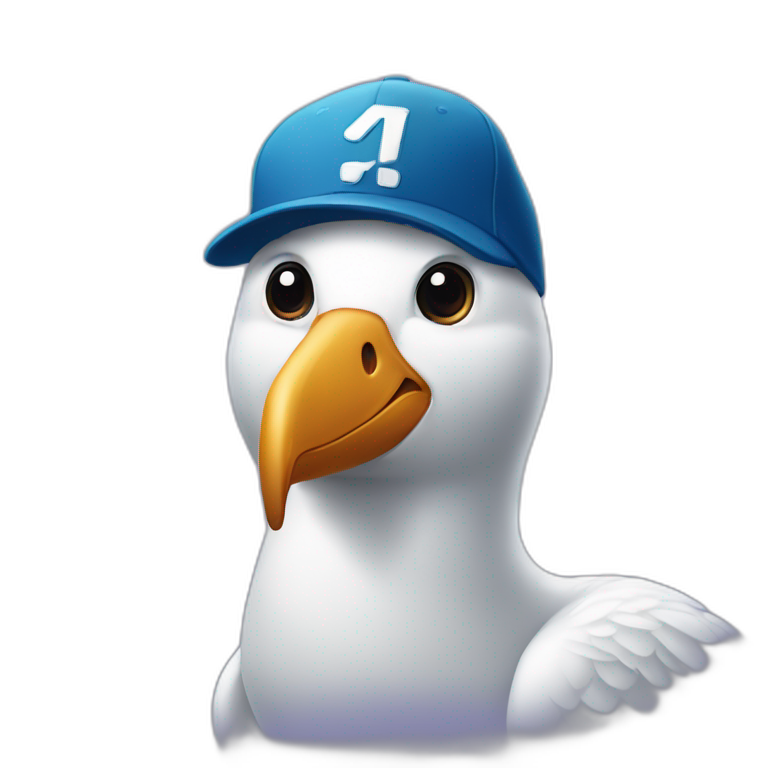 Albatross with a baseball cap that has “Mahalo” written on it emoji