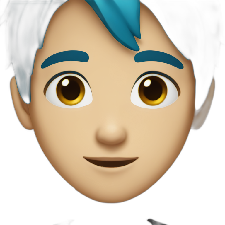 a boy with blue hair green eyes small nose and a black  shirt emoji