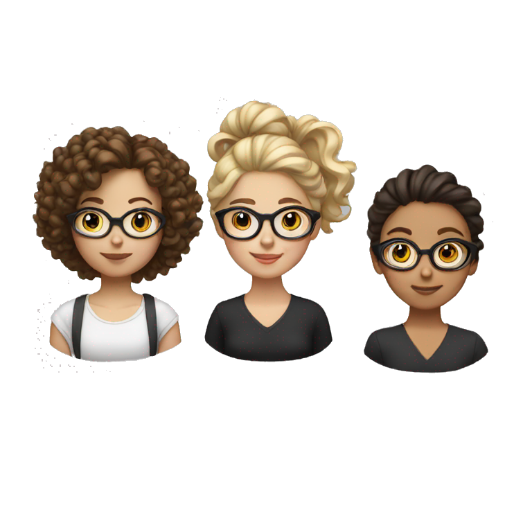 Three girls with glasses with blonde hair, curly brown hair and dark brown hair in a bun emoji