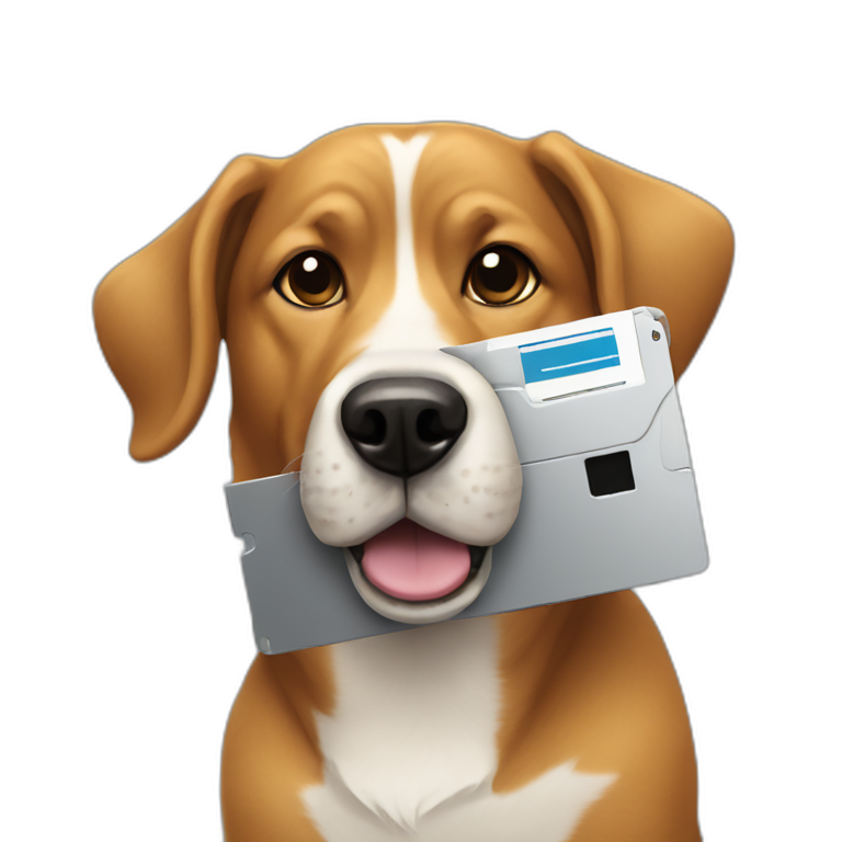 dog holding up a floppy disk emoji