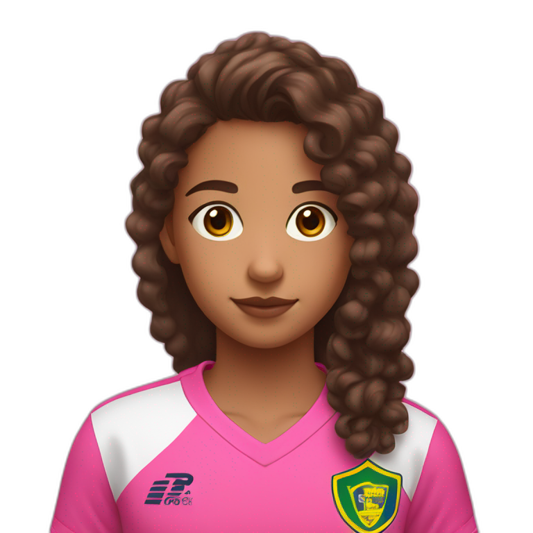 A 12 years old girl with long curly brown hair and a little nose and brown eyes with Pink mouton with à Black watch wearing Brazil shirt emoji