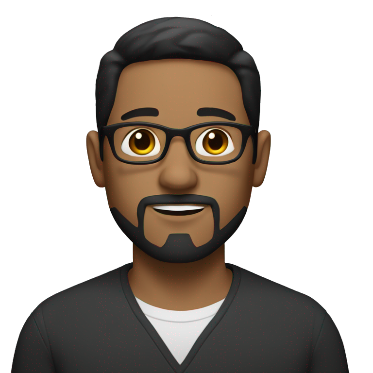 a white man with black short hair, glasses, brown eyes and a dark short mustache and a goatee. emoji