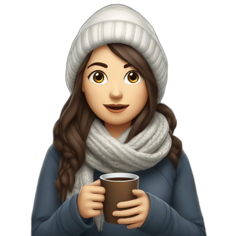 white female data science engineer with dark brown straight long hair in a tech startup wearing woolly scarf and wearing a coffee mug, not full body shot emoji