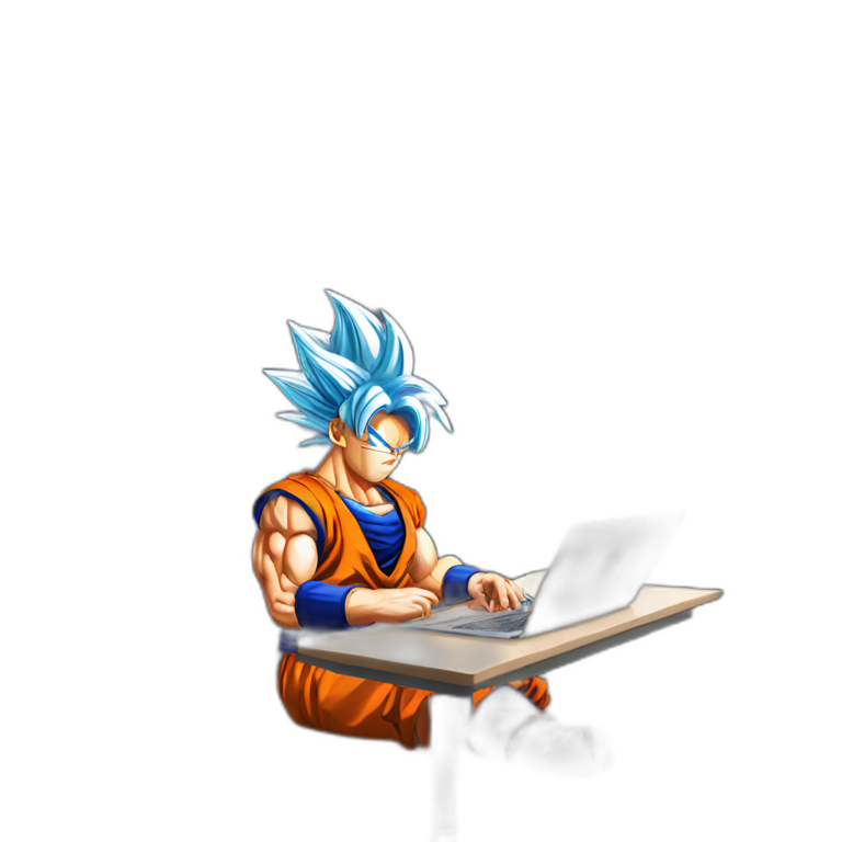 Dragonball goku sitting on his desk coding with the Rockies mountain in the background emoji