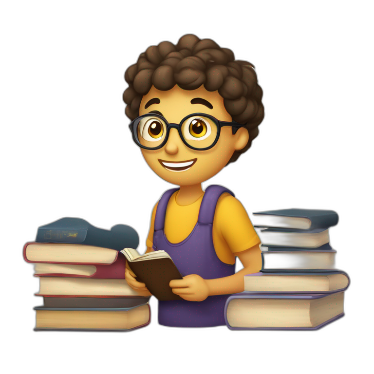 joven estudiante con  con un libro en sus manos y en su cabeza, junto a muchos libros y una lampara y un libro en su cabeza, con muchos y muchos  libros emoji