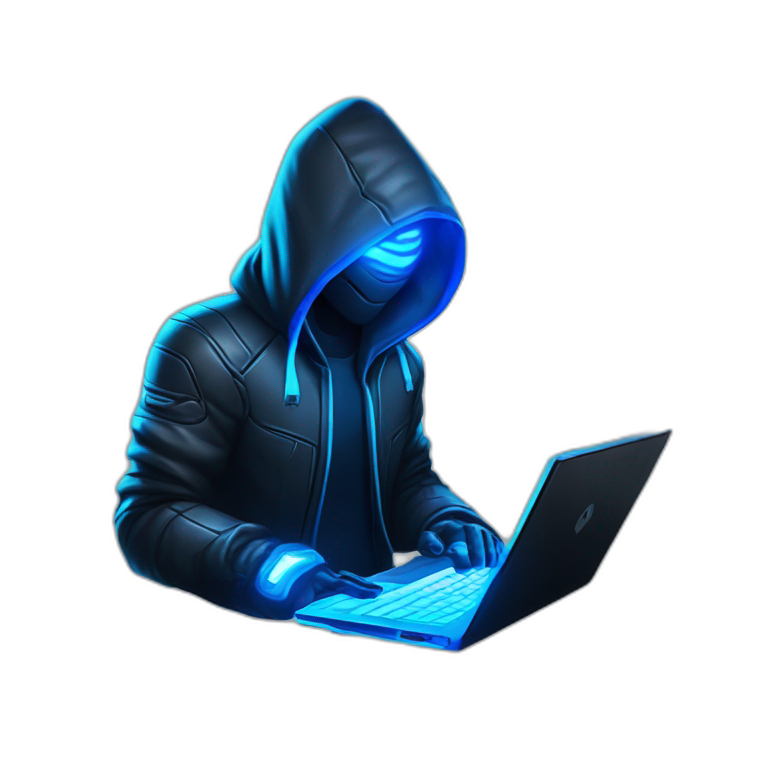 developer behind his laptop with this style : Crytek Crysis Video game neon glowing bright blue character blue black hooded hacker themed character emoji