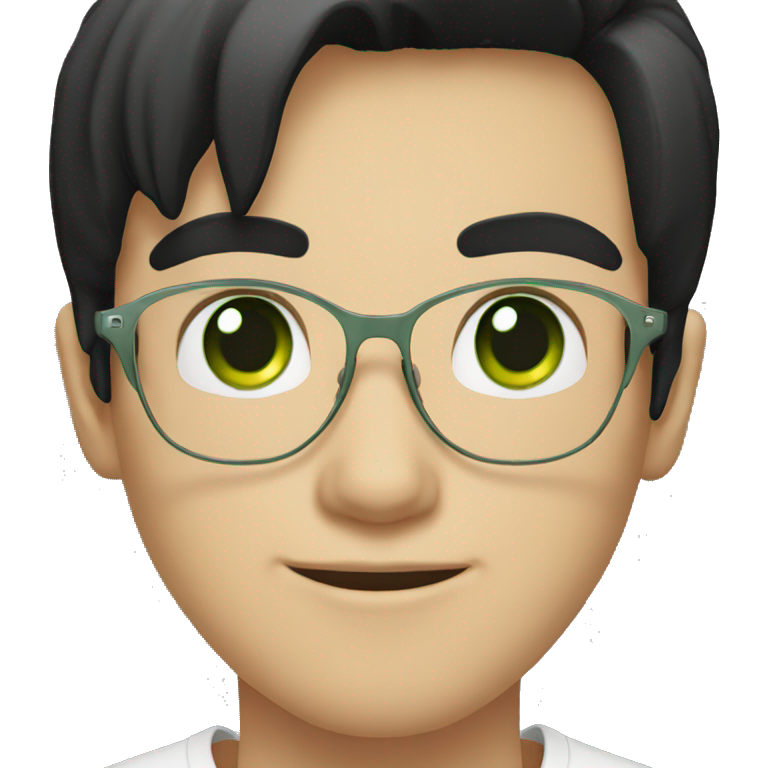 A white boy with glasses with black hair wearing a white T-shirt with green eyes emoji