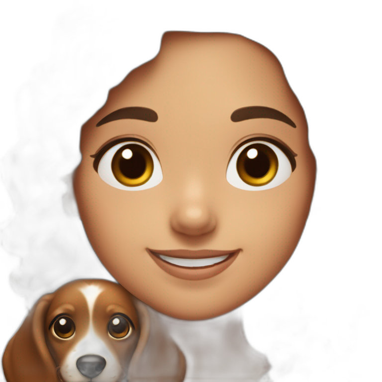 Girl long curly brown hair smiling and brown eyes with long eyelashes and holding a dachshund  in her arms emoji