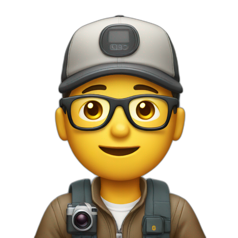 boy with cap and glasses and analog camera in his hands emoji