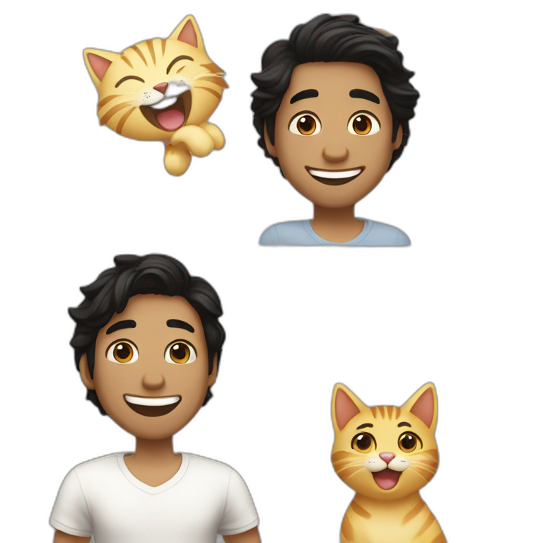 Gay couple, 1 guy Latino black straight hair and 1 Australian guy with blonde slightly curly hair laughing full body and a cat in the middle emoji