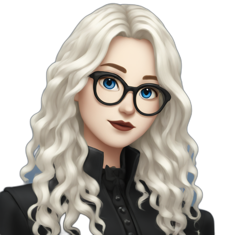 full length girl in a black coat and goth black boots, glasses, blue eyes, white skin, curly black long hair and aristocratic high cheekbones emoji