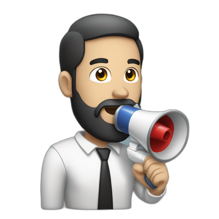 a white man with a black beard, holding a megaphone next to his mouth emoji