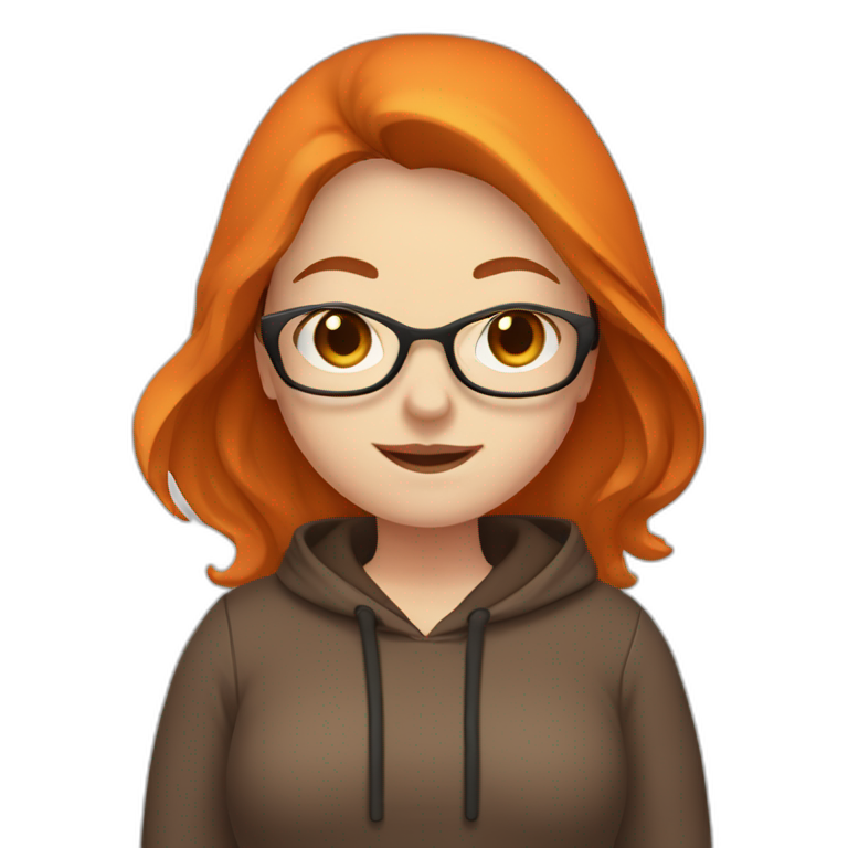 chubby woman with pale skin, with glasses, with long brown hair, wearing a dark orange hoodie, waving emoji
