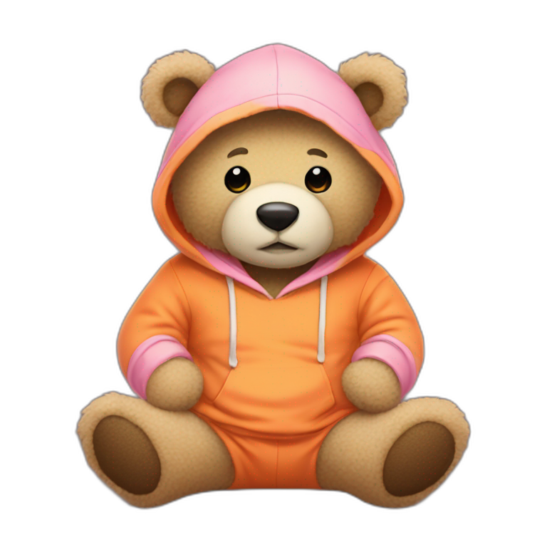 A cute light-beige teddy bear wearing an orange hoodie. His eyes are black. He's sitting on his buttocks. He has a pink sock. emoji