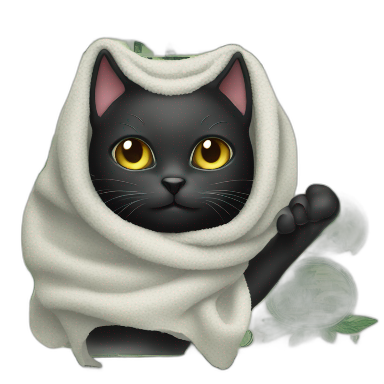 black cat with a towel on his head and a dollar bill emoji