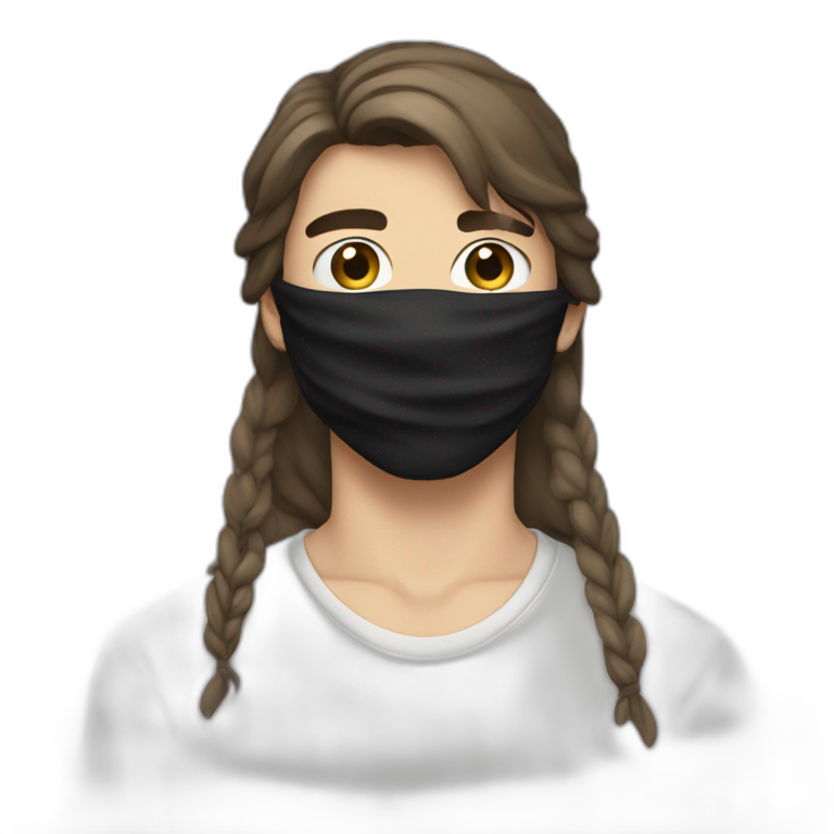 a 17-year-old boy with long brown hair in a square cut, wearing a black bandana with white elements tied on his forehead. Light mustache  emoji
