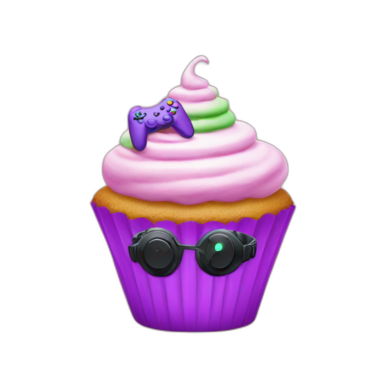 an rgb cupcake with a gaming headset emoji