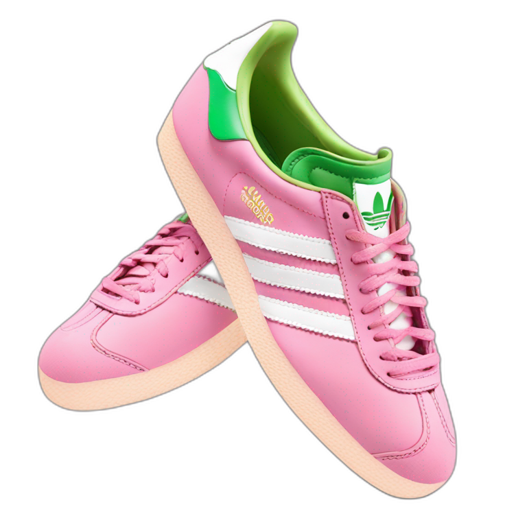 A pair of adidas gazelle shoes in pink and green emoji