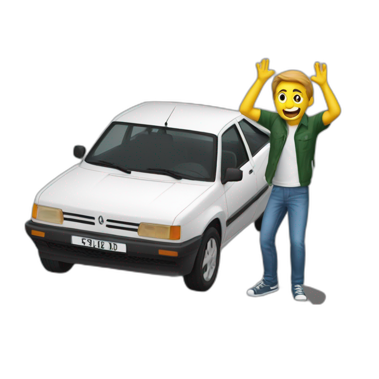 a guy throwing up in front of a renault 205 emoji