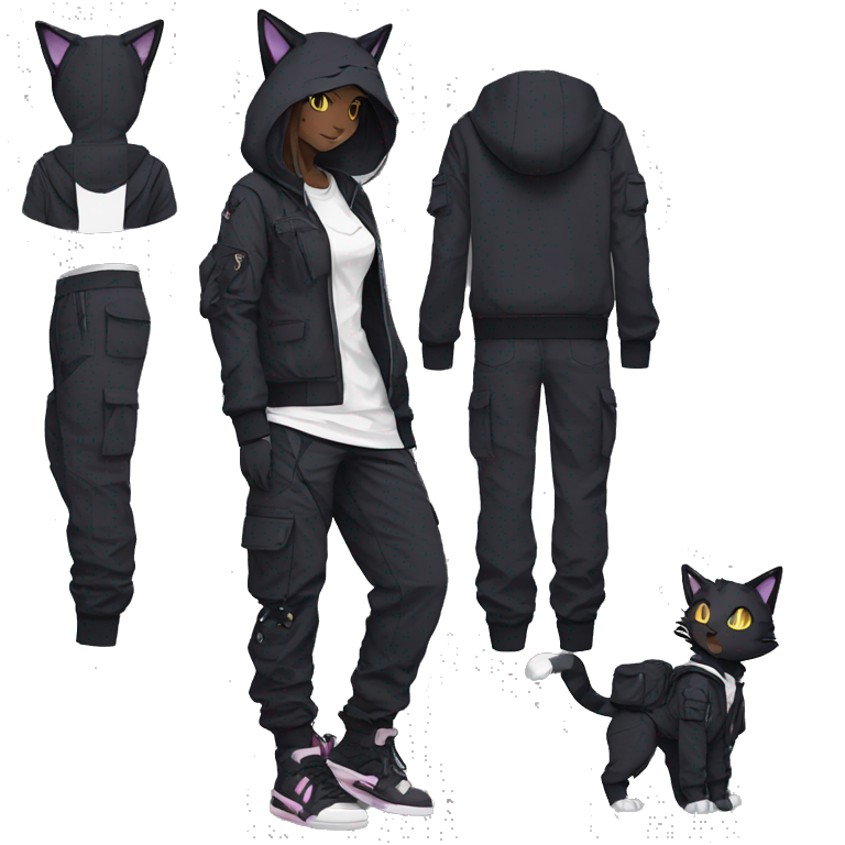 Edgy Anthro cool pretty anime dark cat-Pokémon-fursona techwear cargo pants hoodie emoji
