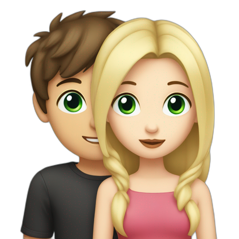 Girl with blue eyes and blonde hair kiss a boy with dark brown hair and green eyes emoji