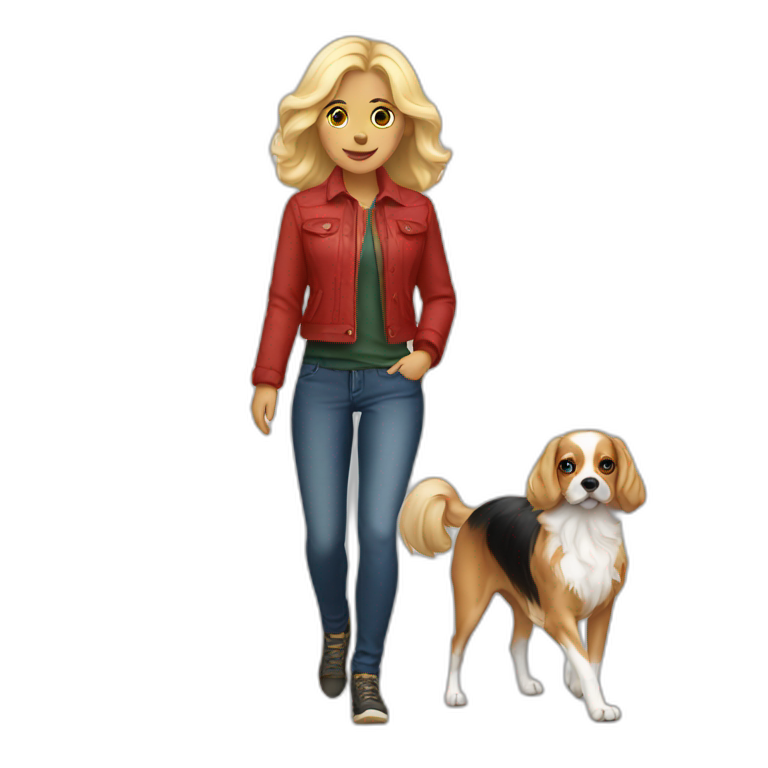 blonde-woman-walking-tricolor-cavalier-dog emoji