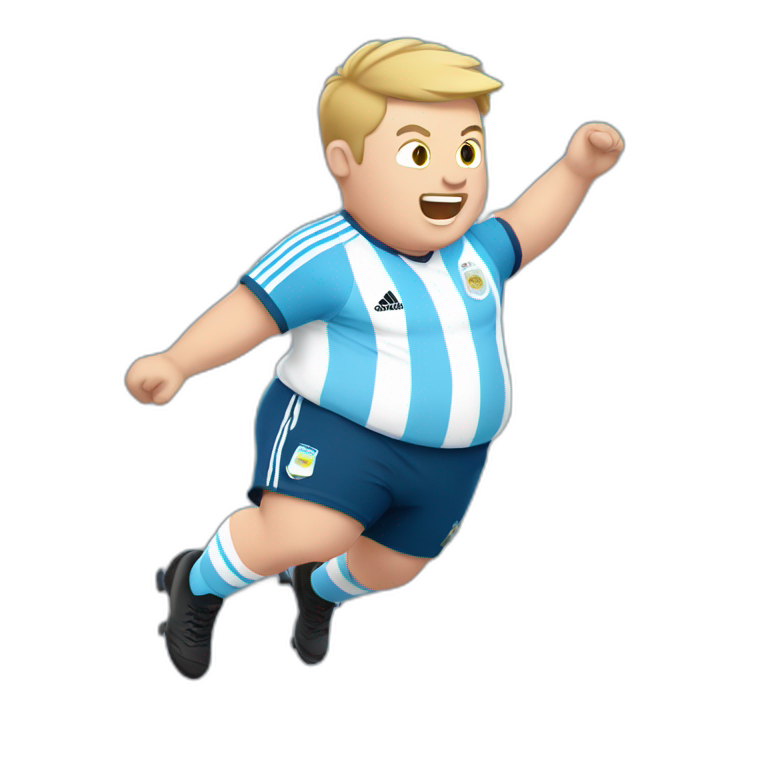 Short hair, obese white man jumping. argentina team uniform.  emoji