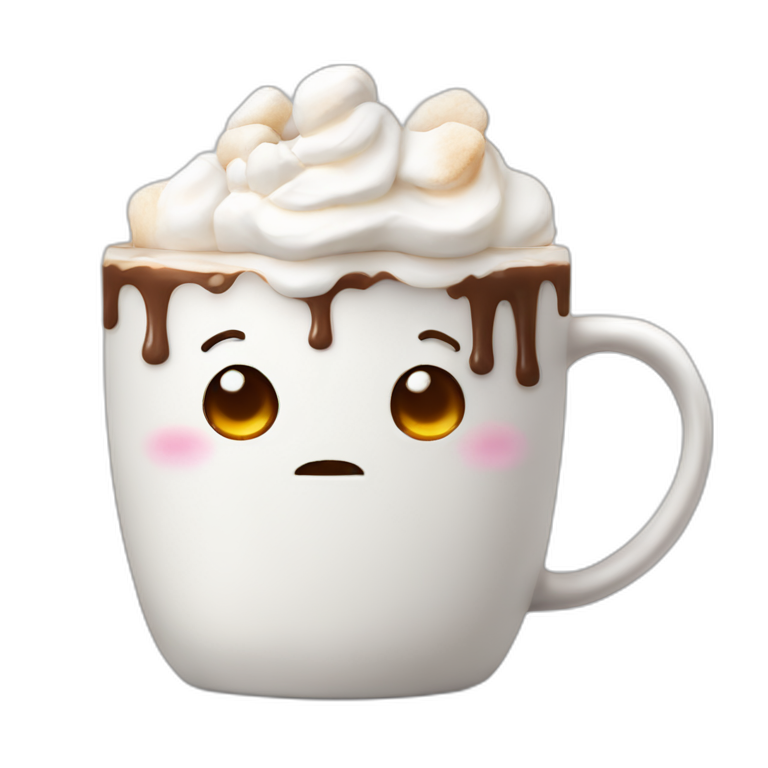 white mug of hot chocolate with marshmallows and whipped cream no face emoji
