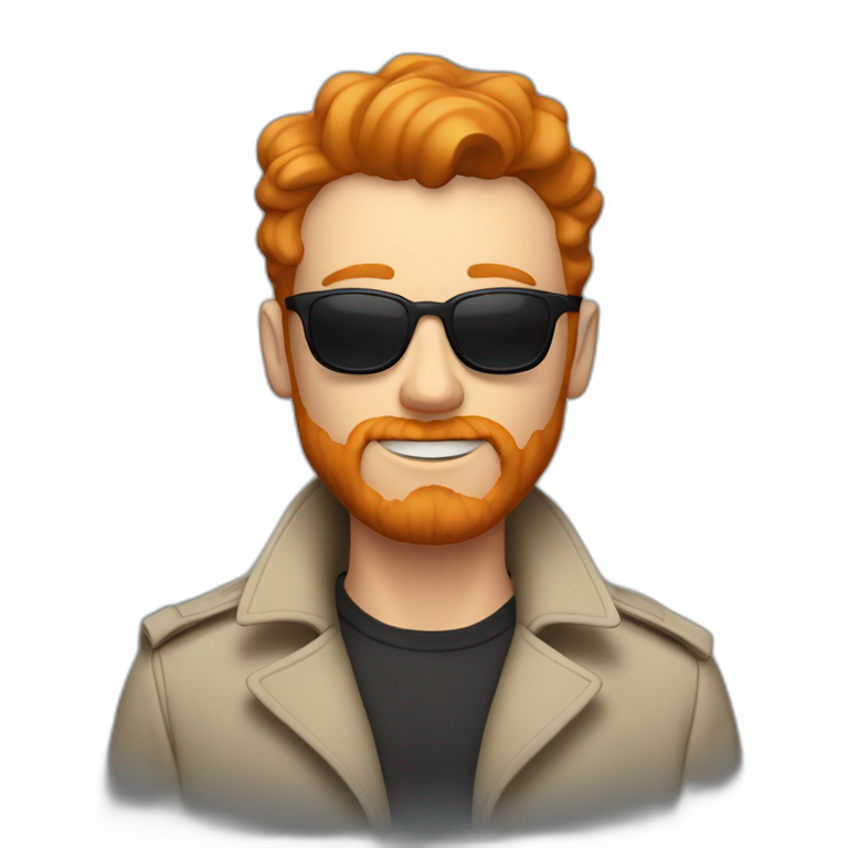 Ginger guy with a chin goatee, sunglasses, trench coat and aalien shirt emoji
